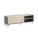 Meuble TV 1 abattant 2 niches - Décor graphite et chêne 155 x 43 x Hauteur 47 cm