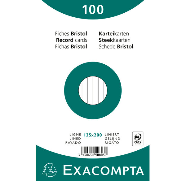 Paquet de 100 Fiches BRISTOL BLANC TRAVERS 125/200 S/F EXACOMPTA