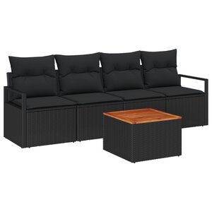 Ensemble de Canapé de Jardin 5 Pièces avec Coussins Noirs en Rotin Poly