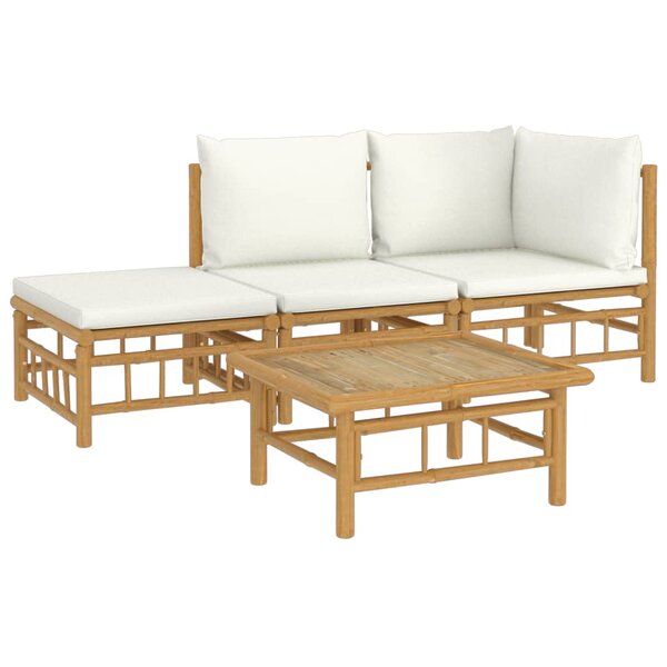Salon de jardin meuble d'extérieur ensemble de mobilier 4 pièces avec coussins blanc crème bambou 02_0016087
