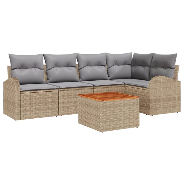 vidaXL Ensemble de Canapés de Jardin 6 Pièces avec Coussins Beige Poly Rattan Acacia