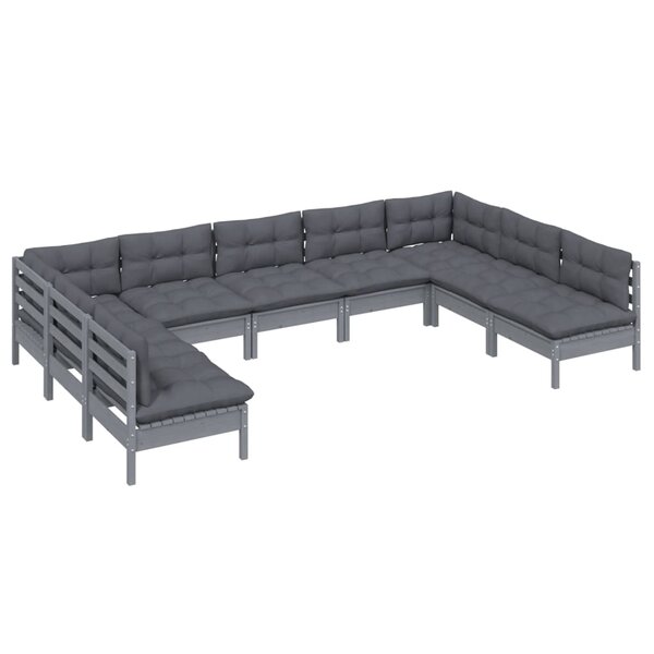 Salon de jardin meuble d'extérieur ensemble de mobilier 9 pièces avec coussins gris bois de pin solide 02_0017992