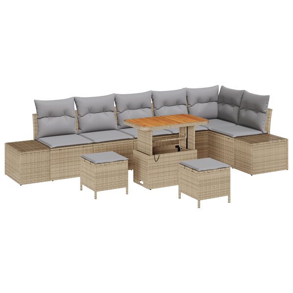 Canapé de jardin 9 pièces avec coussins beige poly rattan acacia