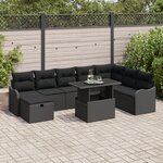 Ensemble de canapé de jardin 9 pièces avec coussins noir poly rattan