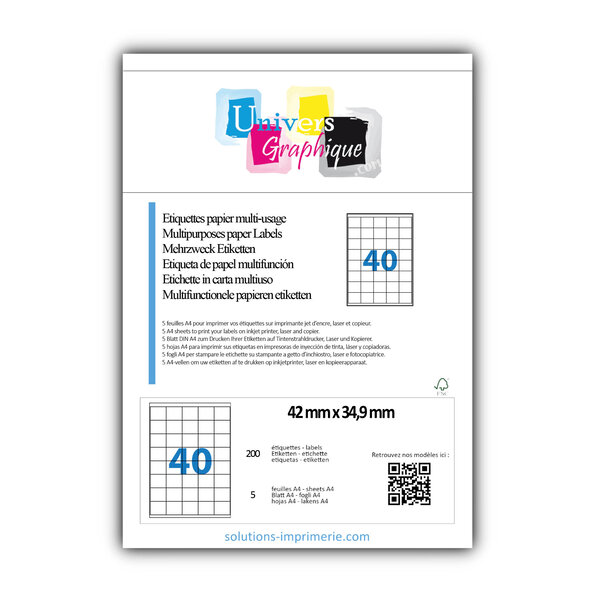 Lot de 5 planches a4 de 40 étiquettes à bords vifs 42 x 34 9 mm en papier blanc 70g/m² multifonction