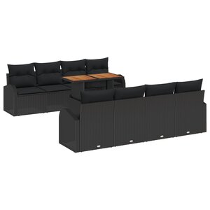 vidaXL Ensemble de salle à manger de jardin 9 pièces avec coussins Noir Poly Rotin Acacia