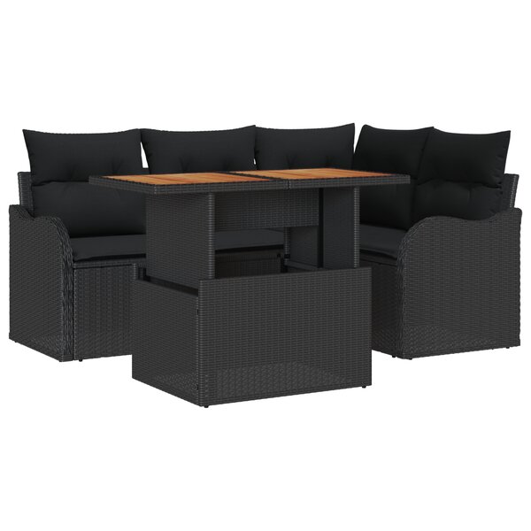 Ensemble de canapé de jardin de 5 pièces avec coussins en rotin poly noir Acacia