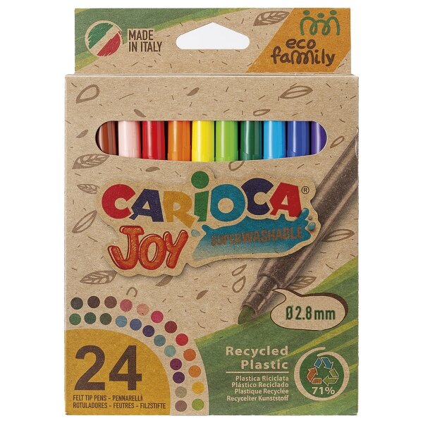 Carioca Joy Pack de 24 marqueurs à pointe fine Eco Family - Encre super lavable - Pointe fine verrouillée 2 8 mm - Capuchon ventilé - Différentes couleurs