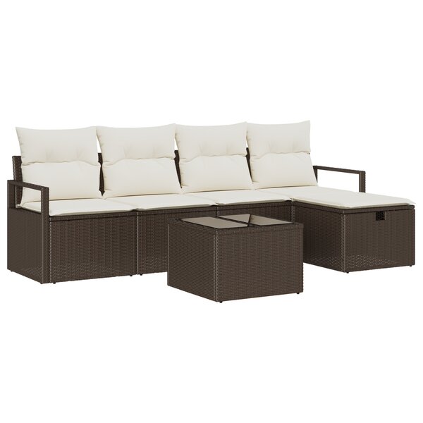 Ensemble de Canapé de Jardin de 6 pièces avec Coussins Marron Poly Rattan