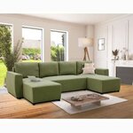 Canapé d'angle convertible panoramique PHAREL5/6 places - Tissu olive - Coffre de rangement - 297 x 155 x 85 cm