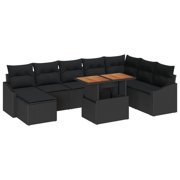vidaXL Ensemble de salle à manger de jardin en 9 pièces avec coussins en poly rattan noir et acacia