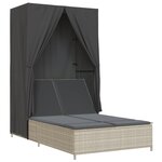 vidaXL Chaise longue double avec toit et rideaux gris clair poly rotin