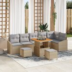 Ensemble de sofa de jardin 9 pièces avec coussins beige en Poly Rattan et acacia
