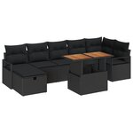 Ensemble canapé jardin 8 pièces avec coussins en rotin poly noir