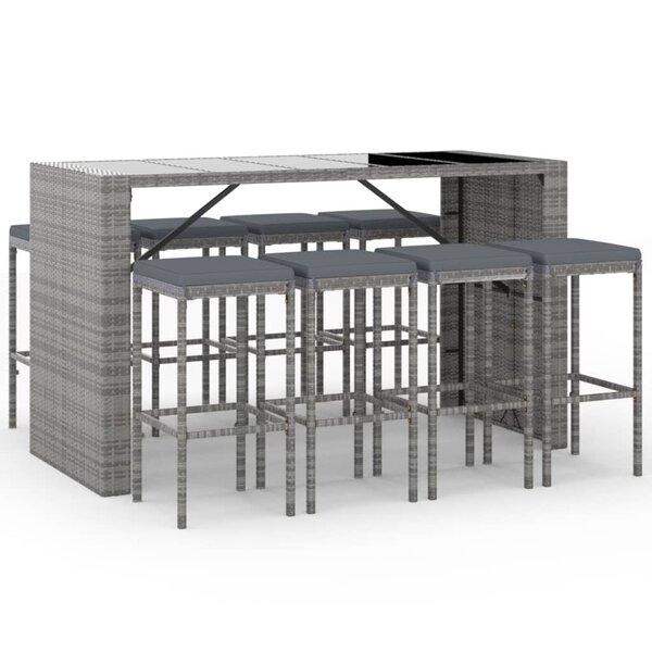 vidaXL Ensemble de bar de jardin 9 Pièces avec coussins gris poly rotin