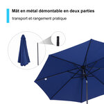 Parasol en métal rond polyester 180g/m² manivelle inclinable Ø 3 x 2 45 m bleu