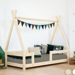 Lit Tipi enfant avec barrière bois massif naturel vernis 80 x 180 cm