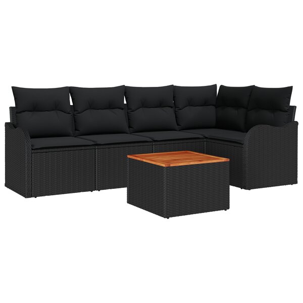 Ensemble de canapés de jardin en 6 pièces avec coussins noir poly rattan acacia
