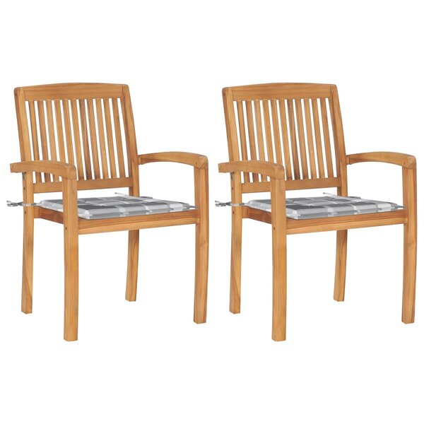 vidaXL Chaises de jardin 2 Pièces avec coussins à carreaux gris Teck