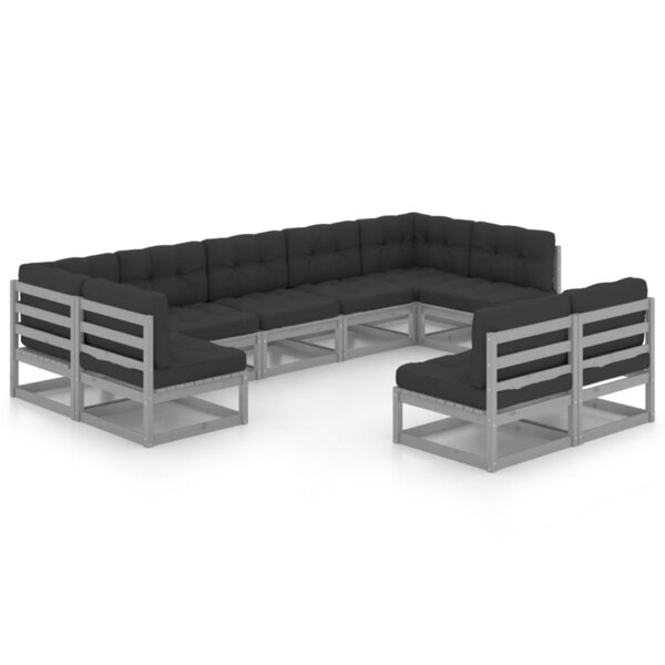 vidaXL Salon de jardin 9 Pièces avec coussins Gris Bois de pin massif