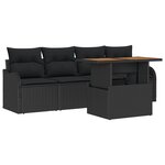 Ensemble de canapé de jardin 5 pièces vidaXL avec coussins en rotin poly noir Acacia