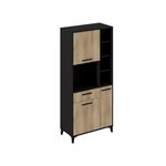 Buffet haut de cuisine - 3 portes et 1 tiroir - Mélamine chêne et noir - 80 x 40 x 178 cm