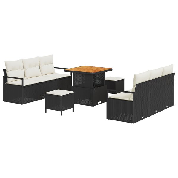 Ensemble de Canapé de Jardin de 9 Pièces avec Coussins Noir Rattan Poly Acacia
