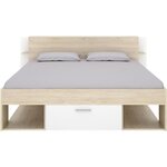 Lit adulte - 140 x 190 cm - 3 tiroirs + Tête de lit avec rangement - chêne et blanc