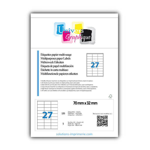 Lot de 5 planches a4 de 27 étiquettes à bords vifs 70 x 32 mm en papier blanc 70g/m² multifonction