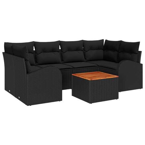 Ensemble de Canapés de Jardin 7 Pièces avec Coussins Noir Rattan Poly Acacia