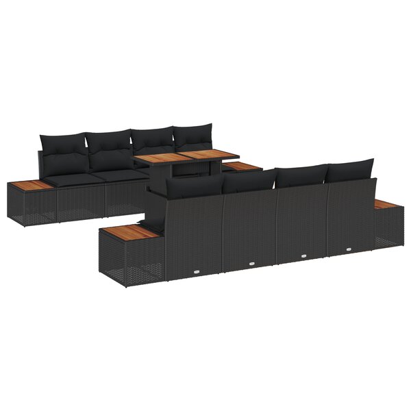 vidaXL Ensemble de Salle à Manger de Jardin de 9 Pièces avec Coussins Noir Rattan Poly Acacia