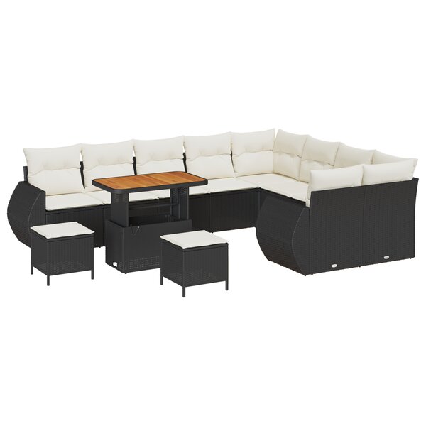 Ensemble de sofa de jardin 12 pièces avec coussins en rotin poly noir acacia