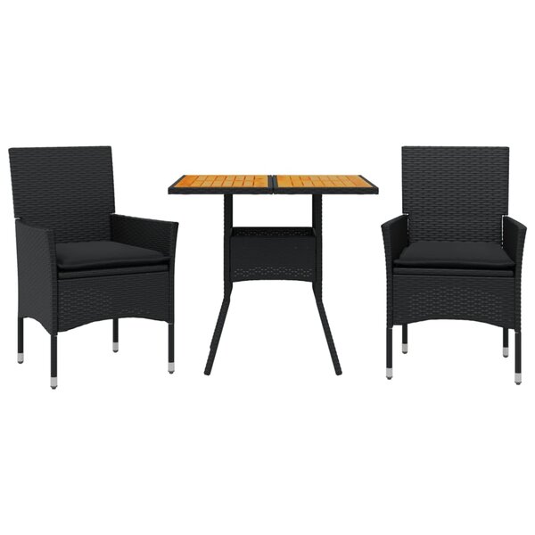 vidaXL Ensemble à manger de jardin et coussins 3 Pièces noir rotin acacia