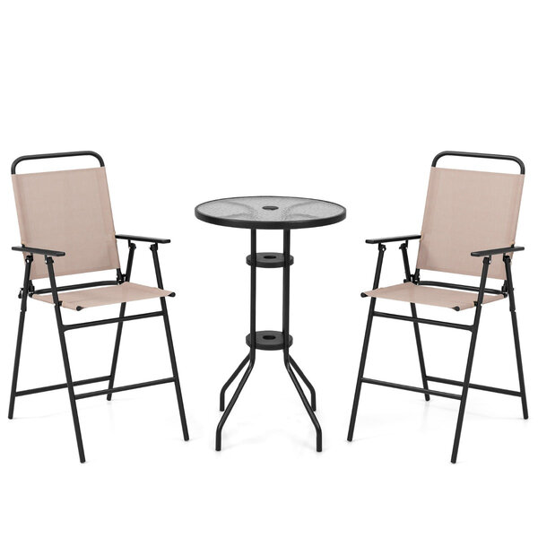 3Pièces salon de jardin 2 chaises de jardin pliantes table basse ronde en verre trempé bistro terrasse piscine beige 20_0007590