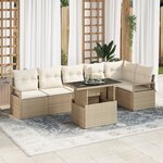 Ensemble de Canapés de Jardin 7 pièces avec Coussins Beige Poly Rattan