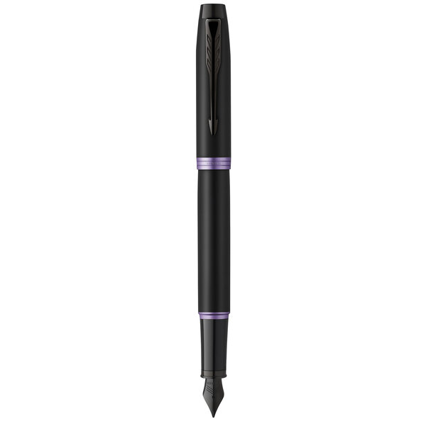 Stylo plume Parker IM Vibrant Rings  Satin noir laqué  attributs violet améthyste  plume fine  recharge d’encre bleue  Coffret cadeau