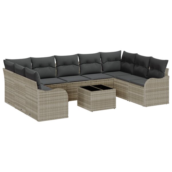 Ensemble de canapés de jardin 10 pièces avec coussins gris poly rotin