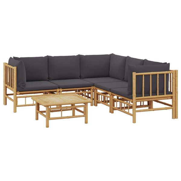 Salon de jardin meuble d'extérieur ensemble de mobilier 6 pièces avec coussins gris foncé bambou 02_0016786