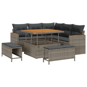 Ensemble de canapé de jardin 8 pièces avec coussins gris poly rattan acacia