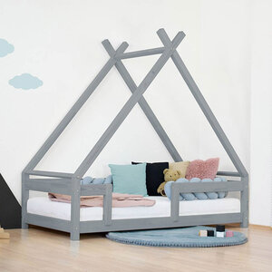 Lit Tipi enfant avec barrière bois massif gris 120 x 180 cm