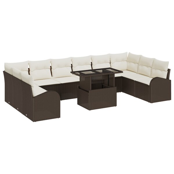 Ensemble de canapé de jardin 11 pièces avec coussins marron poly rattan