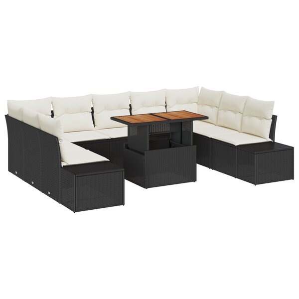 vidaXL Ensemble de salle à manger de jardin de 10 pièces avec coussins en poly rattan noir et acacia