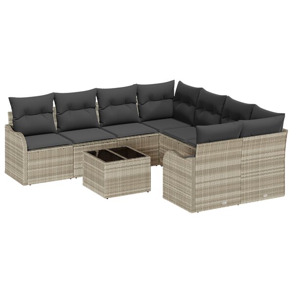 Ensemble Canapé de Jardin 9 Pièces avec Coussins Gris Clair Rattan PE