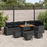 Ensemble de canapés de jardin 10 pièces avec coussins Noir Poly Rotin Acajou