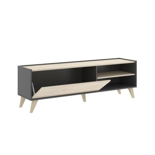 Meuble TV 1 abattant 2 niches - Décor graphite et chêne 155 x 43 x Hauteur 47 cm