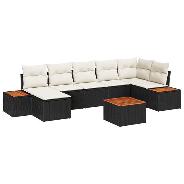 Ensemble de canapé de jardin 8 pièces avec coussins noirs en poly rattan et acacia