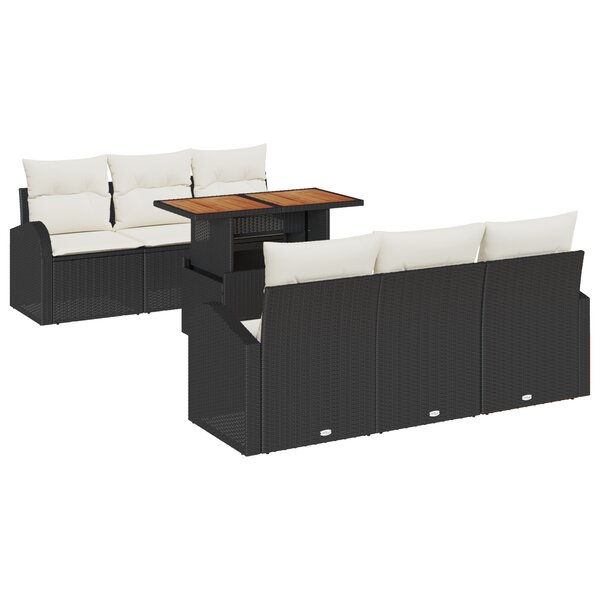 vidaXL Ensemble de salle à manger de jardin 7 pièces avec coussins noir en rotin poly acacia