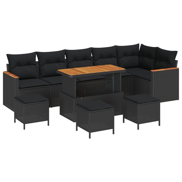 Ensemble de canapé de jardin de 10 pièces avec coussins Noir Polyrotin Acacia