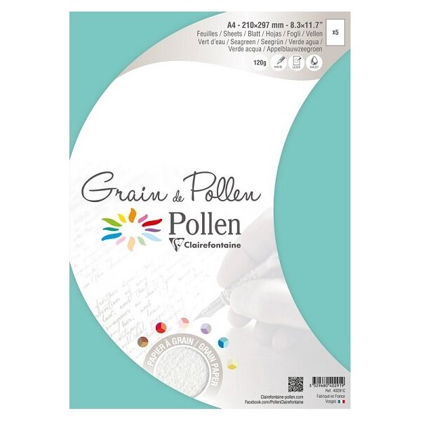 Paquet de 5 feuilles Grain de pollen 210x297 - Clairefontaine 46291c - Vert d'eau
