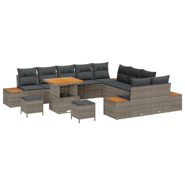 Ensemble de Canapé de Jardin 13 Pièces avec Coussins Gris Rattan Poly Acacia